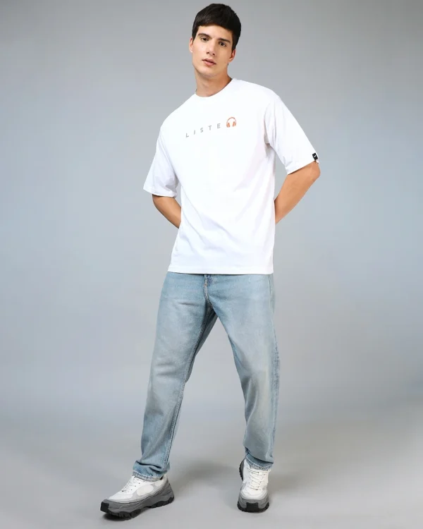 Men's White Keep Listening Typography Oversized T-shirt - Image 4