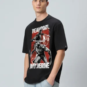 Men's Black Deadpool Duo Graphic Printed Oversized T-shirt