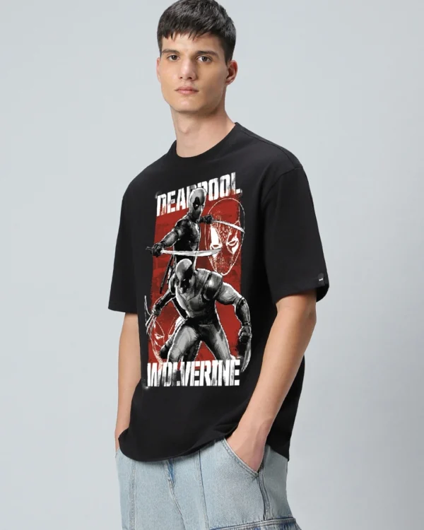 Men's Black Deadpool Duo Graphic Printed Oversized T-shirt