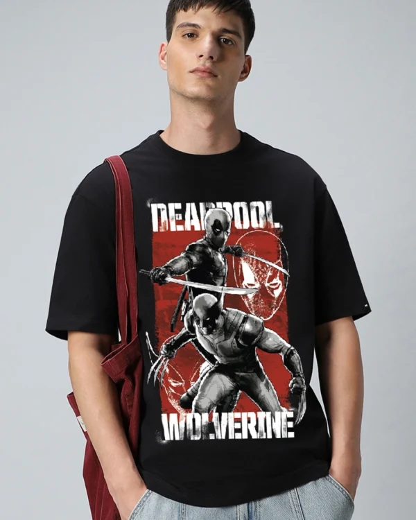 Men's Black Deadpool Duo Graphic Printed Oversized T-shirt - Image 5