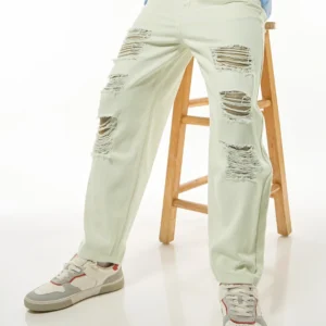 Men's Off White Tapered Fit Distressed Jeans