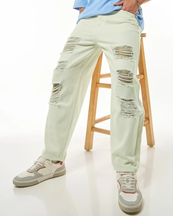 Men's Off White Tapered Fit Distressed Jeans