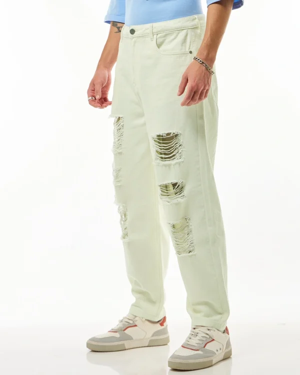 Men's Off White Tapered Fit Distressed Jeans - Image 2