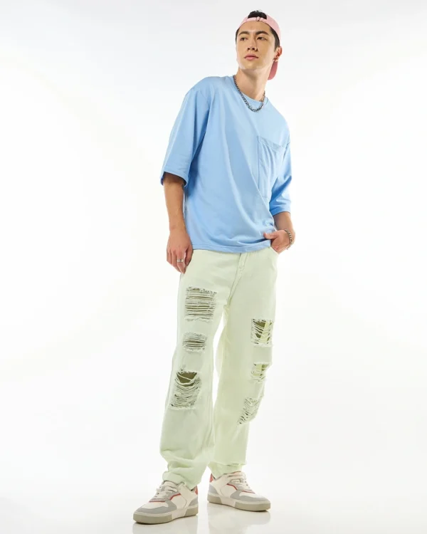 Men's Off White Tapered Fit Distressed Jeans - Image 4