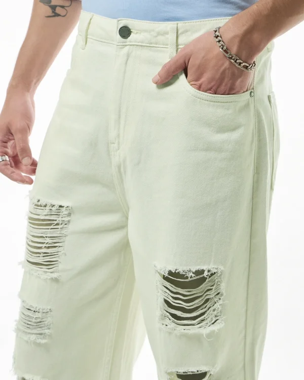 Men's Off White Tapered Fit Distressed Jeans - Image 5